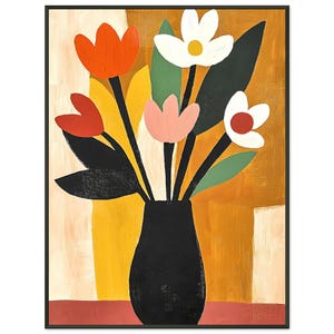 Jarrón negro retro con flores - Póster enmarcado - Decoración minimalista para el hogar - Regalo