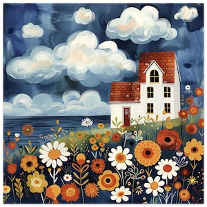 Naïve Painting of a White House with Red Roof and Scenic Hill – Aluminum Print
