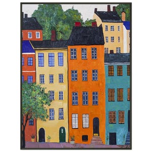 Stockholm Apartment Buildings Art Print: Naive Colorful Cityscape, Metal Framed Poster