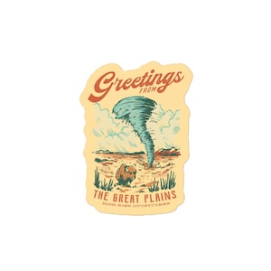 May include: A vintage-style postcard with a cartoon illustration of a tornado and a bison. The text reads "Greetings from The Great Plains High Risk Outfitters".
