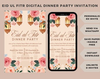 May include: A digital invitation for an Eid al-Fitr dinner party. The invitation features a watercolor illustration of lanterns and flowers in pink, peach, and green hues. The text reads "Eid al-Fitr Dinner Party" and includes the date, time, and location of the event. The invitation is designed to be sent via WhatsApp and is available for instant download.