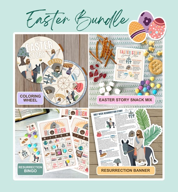 Holy Week Easter Bundle Printables - Holy Week Coloring Wheel, Easter Story Snack Mix Printable, Resurrection Bingo Game, Holy Week Banner
