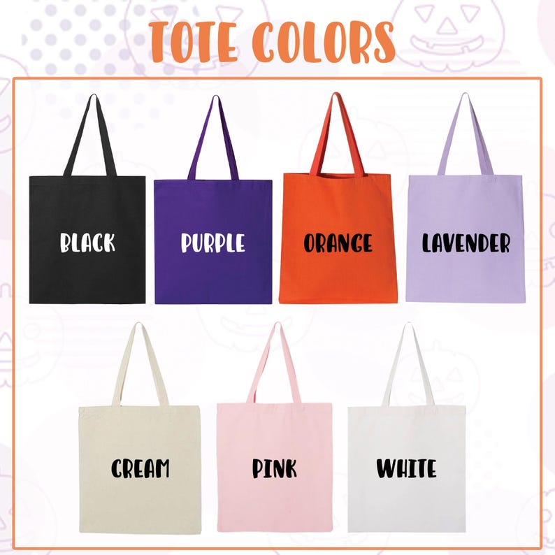 a collection of tote bags in various colors, including black, purple, orange, lavender, cream, pink, and white.