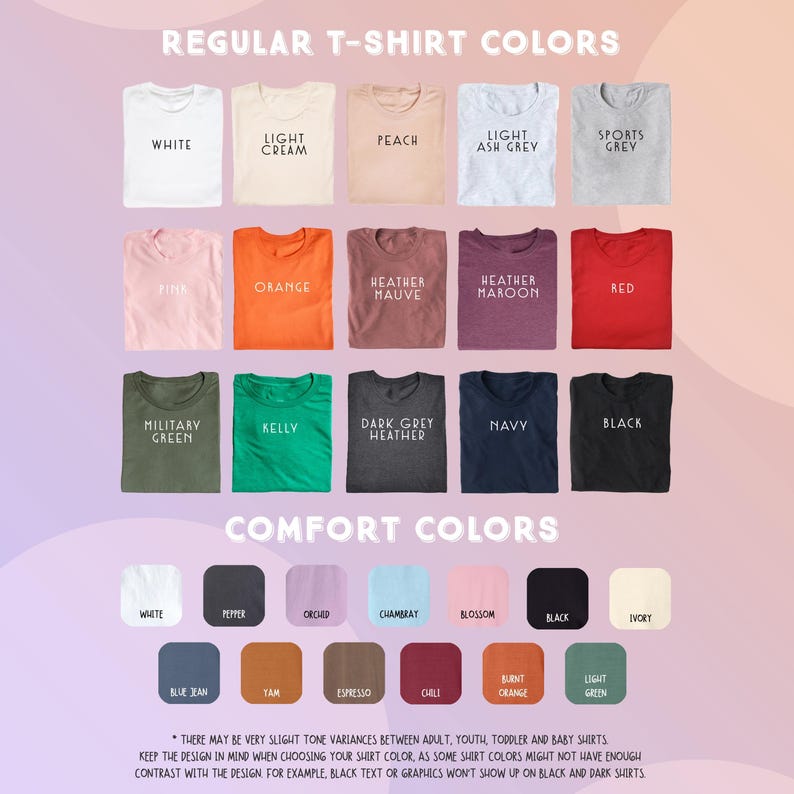 a t - shirt color chart with different colors of t - shirts