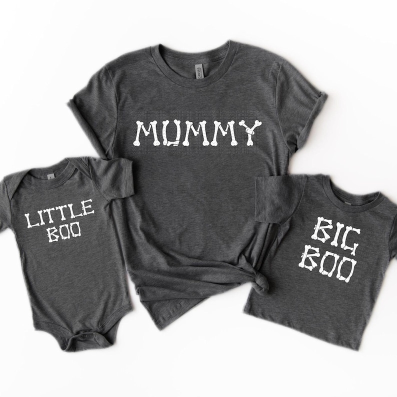 three gray t-shirts with white text, likely intended for a family or group of people.