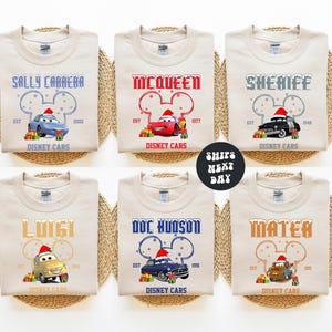 six t-shirts with Disney Cars characters and text, each featuring a different character and name.