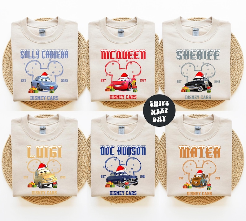 six t-shirts with Disney Cars characters and text, each featuring a different character and name.