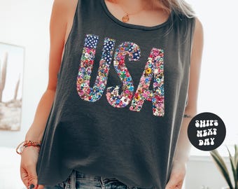 USA Shirt 4th of July Tank Top Floral USA Comfort Colors® Tank Top Patriotic Women Independence Day American Flag Tank Top Retro USA Tanks
