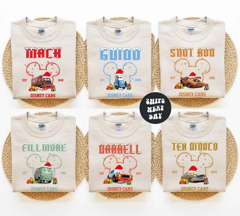 six t-shirts with Disney Cars designs, featuring various characters and vehicles from the animated series.