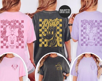 Disney Comfort Colors® Shirt Disney Checkered Mickey And Friends Shirt Two Sided Disney Shirt Retro Mickey Minnie Donald Daisy Goofy Pluto