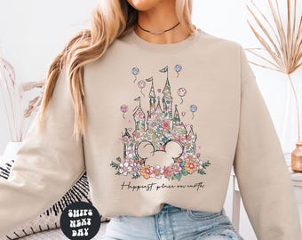 Disney Sweatshirt Happiest Place On Earth Shirt Magic Kingdom Sweatshirt Matching Disney Castle Shirt Cute Retro Floral Disney Castle Shirt