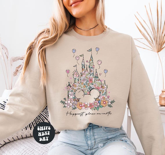 Disney Sweatshirt Happiest Place On Earth Shirt Magic Kingdom Sweatshirt Matching Disney Castle Shirt Cute Retro Floral Disney Castle Shirt