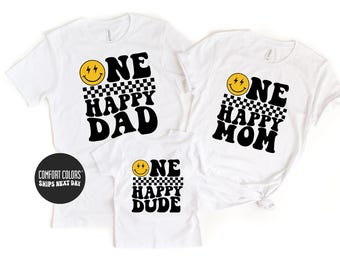 Custom Family Shirt Matching Family Tees One Happy Dude Matching Birthday Shirt One Happy Family Groovy Birthday Shirt Retro Happy Face Tee