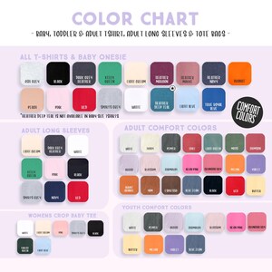 The image is a color chart that lists various clothing items, including baby, toddler, adult T-shirts, long sleeves, and tote bags, with a focus on color preferences.