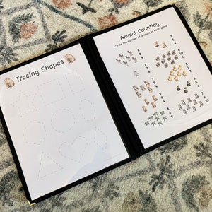 A tracing shapes Homeschool activity page where children can practice tracing commonly found shapes. Animal counting activity page where kids can count animals and cirlce the correct number.