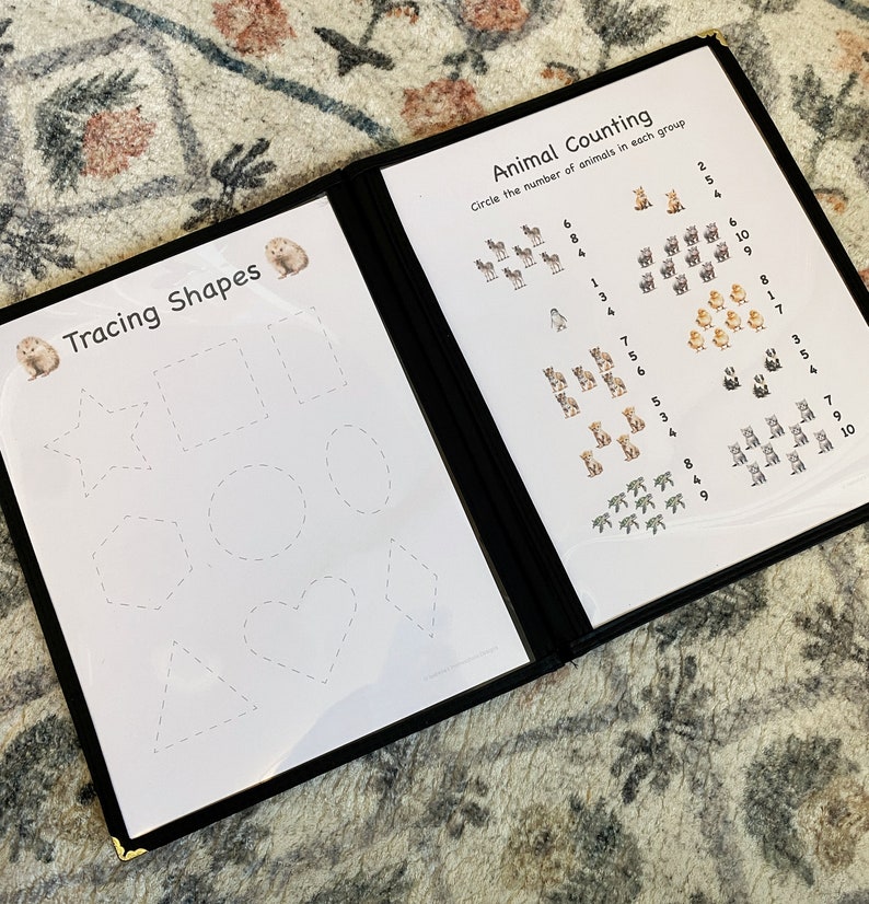 A tracing shapes Homeschool activity page where children can practice tracing commonly found shapes. Animal counting activity page where kids can count animals and cirlce the correct number.