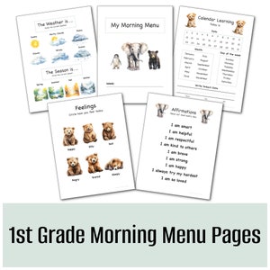 Peut inclure: Un ensemble de pages de menu du matin imprimables pour la première année, comprenant diverses activités, notamment la météo, les saisons, les sentiments, l'apprentissage du calendrier et les affirmations. Les pages présentent de jolies illustrations d'animaux.