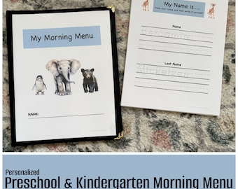 Personalized Morning Menu for preschoolers and kindergarteners including a menu cover and 27 educational pages printed on cardstock