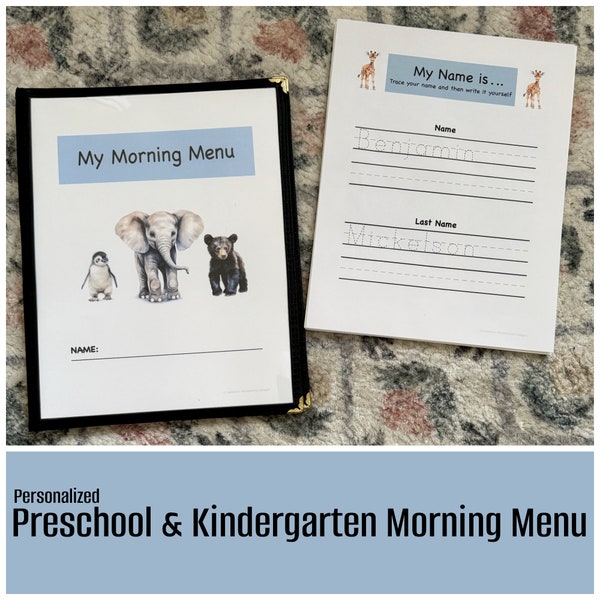 Personalized Morning Menu for preschoolers and kindergarteners including a menu cover and 27 educational pages printed on cardstock