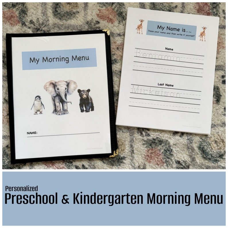 Personalized Morning Menu for preschoolers and kindergarteners including a menu cover and 27 educational pages printed on cardstock image 1