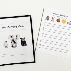 1st Grade Morning Menu with Cover | 22 Animal-Themed Educational Pages on Cardstock | Daily Activities: Math, Writing, Calendar, and More