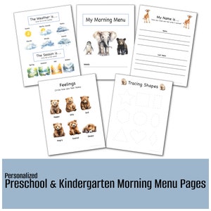 Personalisiertes Morgenmenu für Vorschule und Kindergarten | 2 benutzerdefinierte Seiten + Aktivitäten zum Thema Tier | Ablaufverfolgung, Matching, Alphabet