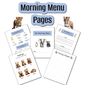 Showcasing 5 of the 25 activity pages included: Weather and Seasons, Morning Menu Cover, My Name is, Bear Feelings, Tracing Shapes.