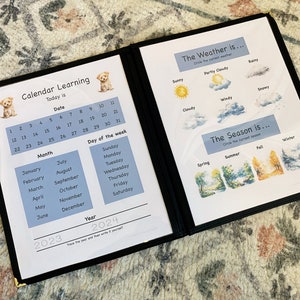 Calendar Learning Morning menu activity page that helps teach dates including: month, day, day of the week, and traceable year. Weather and season learning activity page where children can circle a picture that fits the current weather and season.