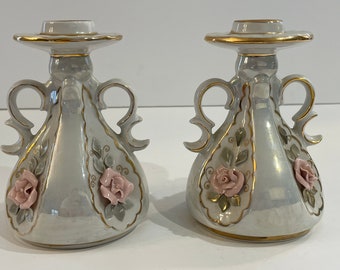 Vintage Fenix Kislovodsk Pearlized Porcelain Candle Holders