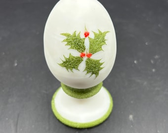 Vintage Fenton Holly Egg Series, painted by Connie Ash, Holiday White Satin Milk Glass