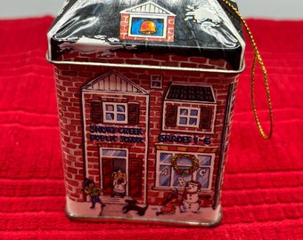 Vintage Snowy Creek School Tin Ornament, The Tin Box Company