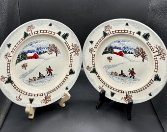 Vintage FolkCraft Stoneware Salad Plates, "Winter Side" Pattern, Set of 2