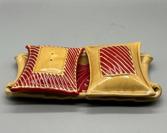 Artist, Charan Sachar Salt and Pepper Shakers with Tray, Tan and Red Colored Clay