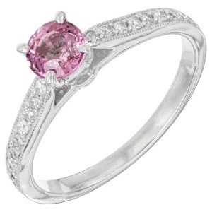 GIA Certified Pink Sapphire Diamond Platinum Engagement Ring, .62ct Sapphire, .20ct Diamond, Round Gem Ring, gifts for her