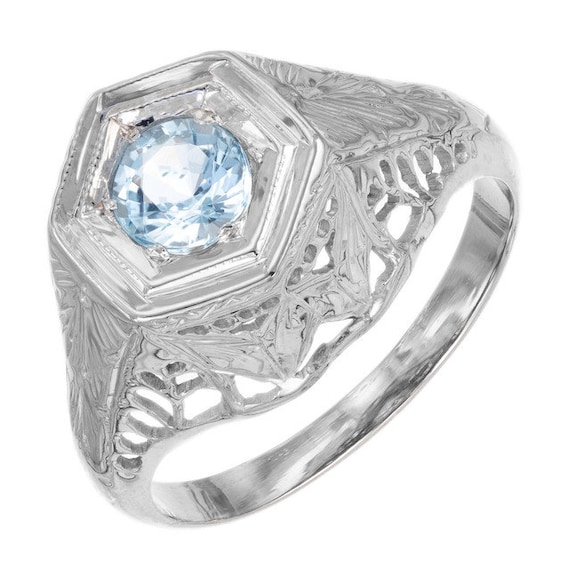 Art Deco .25 Carat Aquamarine Filigree 18k White … - image 1