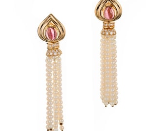 Pink Tourmaline Diamond Pearl Tassel 14k Yellow Gold Dangle Drop Earrings pearl earrings multi-strand earrings Tourmaline earrings diamond