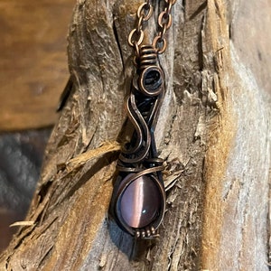 Wire wrapped, copper, cat’s eye stone, mini, pendant, necklace