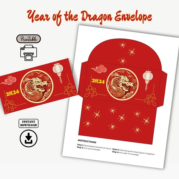 Printable 2024 Chinese New Year Red Envelope | Year of the Dragon Envelope | Cash Envelope | Money Wallet | Lunar New Year Envelope