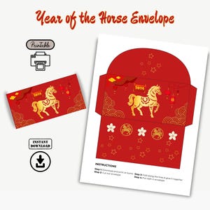 以下が含まれることがあります： 赤い馬年の封筒。金の馬のイラストと2026年が描かれています。デザインには提灯、星、花のアクセントが含まれています。「印刷可能」と「即時ダウンロード」の文字も表示されています。