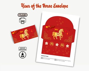 Sobre rojo imprimible del Año Nuevo Chino 2026 / Año del Caballo / Sobre rojo digital