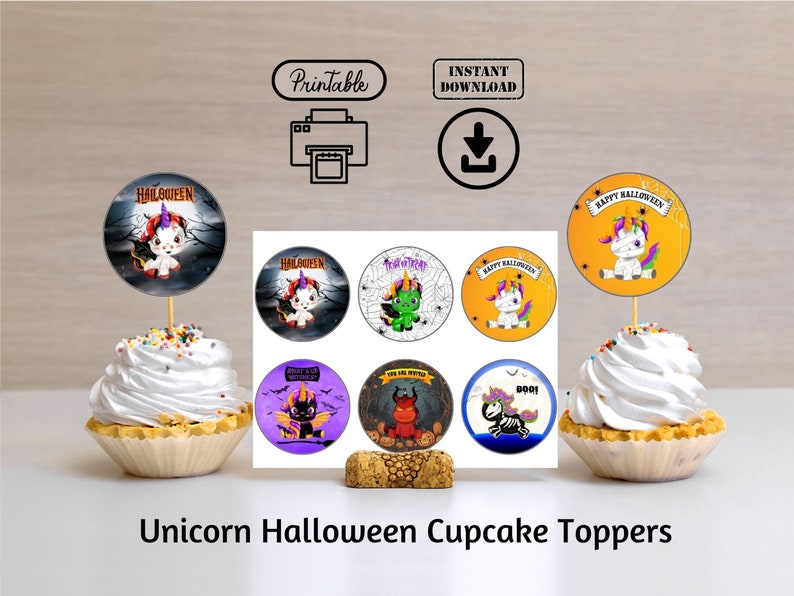 Unicorn Halloween Cupcake Toppers, Instant Download, Printable for Halloween Party or Unicorn Theme Party image 1