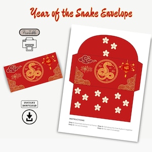 Envelope vermelho para impressão do Ano Novo Chinês 2025 | Ano da Cobra | Envelope vermelho para dinheiro digital