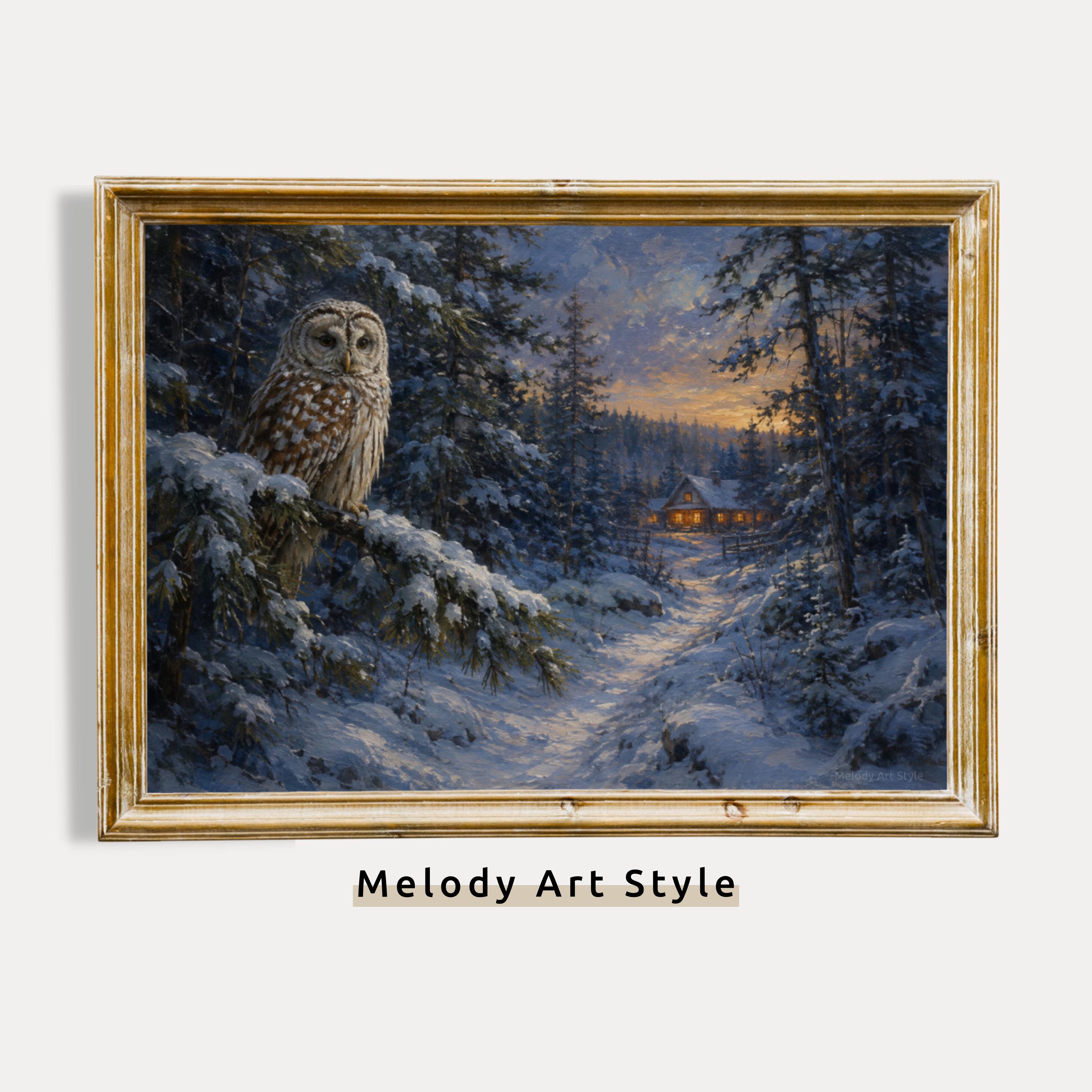 Owl Painting, Owl Artwork, Winter Scene, Snowy Landscape Art, Cabin Decor, Digital Download | P946