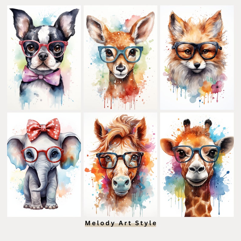 Watercolor Animal With Glasses Printable Art, Cute Animals Back to ...