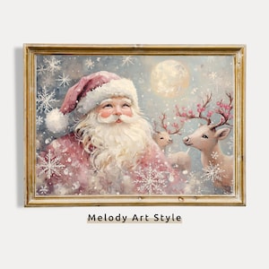Pink Santa Claus and Reindeer Wall Art, Christmas Snowflakes Oil Painting Festive Holiday Printable Art Winter Print Digital Download P217