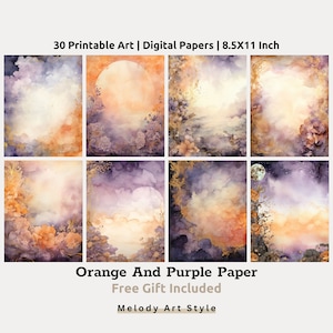 Conjunto de ilustraciones de fondo de Halloween con acuarela, arte imprimible en color naranja y morado, papel de luna llena floral, diario basura digital, descarga digital D14
