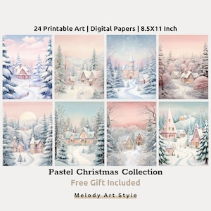 Pastel Christmas Printable Art, Watercolor Christmas Print, Pink Christmas Digital Papers, Fantasy Paper Set Collage, Digital Download D67
