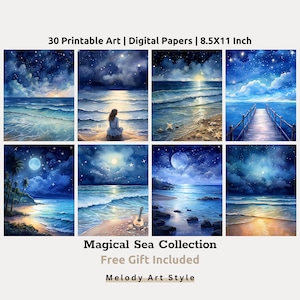 Set di carta digitale stampabile con acquerello marino, stelle notturne, tramonto, barca, stelle marine, molo, paesaggio costiero, download digitale D126