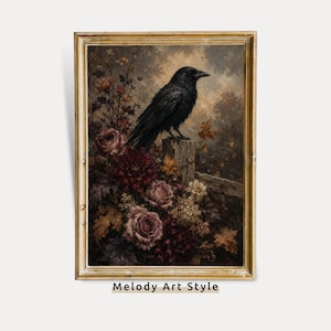 May include: A framed wall art print featuring a black raven perched on a wooden fence post surrounded by dark red and muted pink flowers, autumn leaves, and foliage. The text Melody Art Style is printed in black at the bottom of the image.