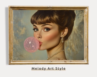 Retro Lady Blowing Bubble Gum Printable Wall Art, Pop Art Wall Decor Vintage Glamorous Portrait Poster for Modern Home Digital Download P396